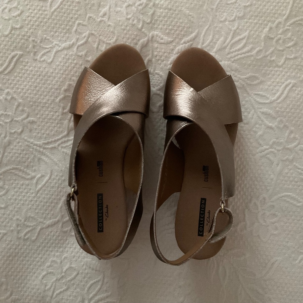 Clark’s gold metallic wedges, size 8, in EUC.
